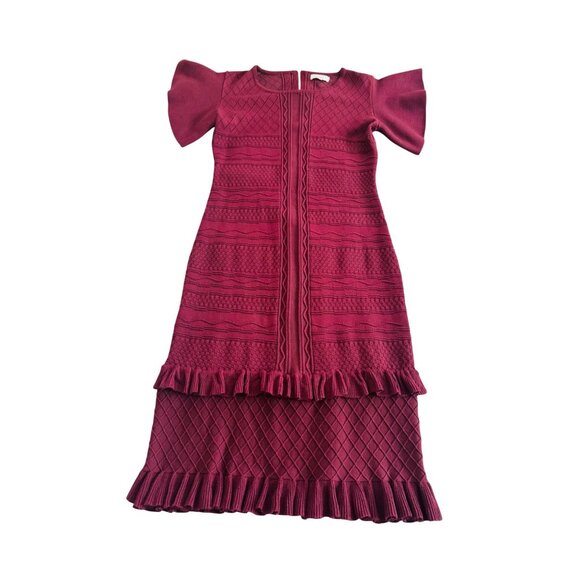 Bohme Knit Textured Burgundy Dress With Ruffle Trim & Puff Sleeves .Size L - Picture 10 of 10